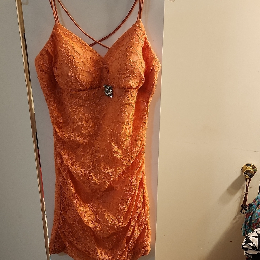 Teeze Me Orange Lace Dress with Jewel Accent